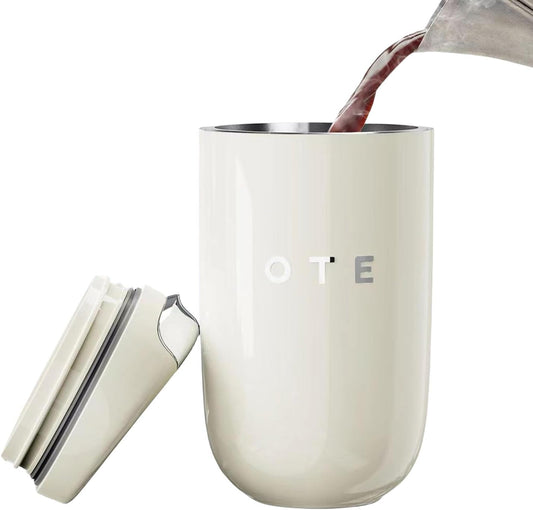 OTE Coffee Mug Double Walled 350Ml Insulated Stainless Steel with Leakproof Lid Beige