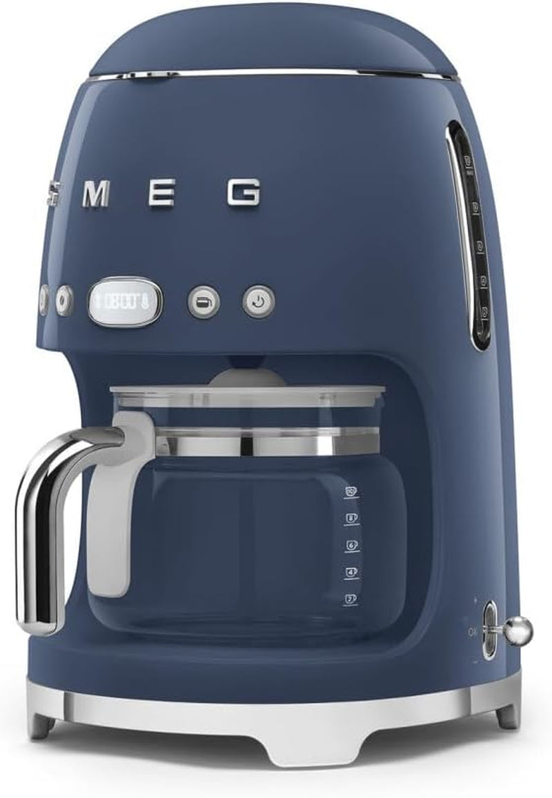 Smeg 50'S Retro Style Aesthetic Drip Coffee Machine with 10 Cup Glass Carafe, Auto Start Feature, Keep Warm Plate, and Two Coffee Strength Settings (Navy Blue)