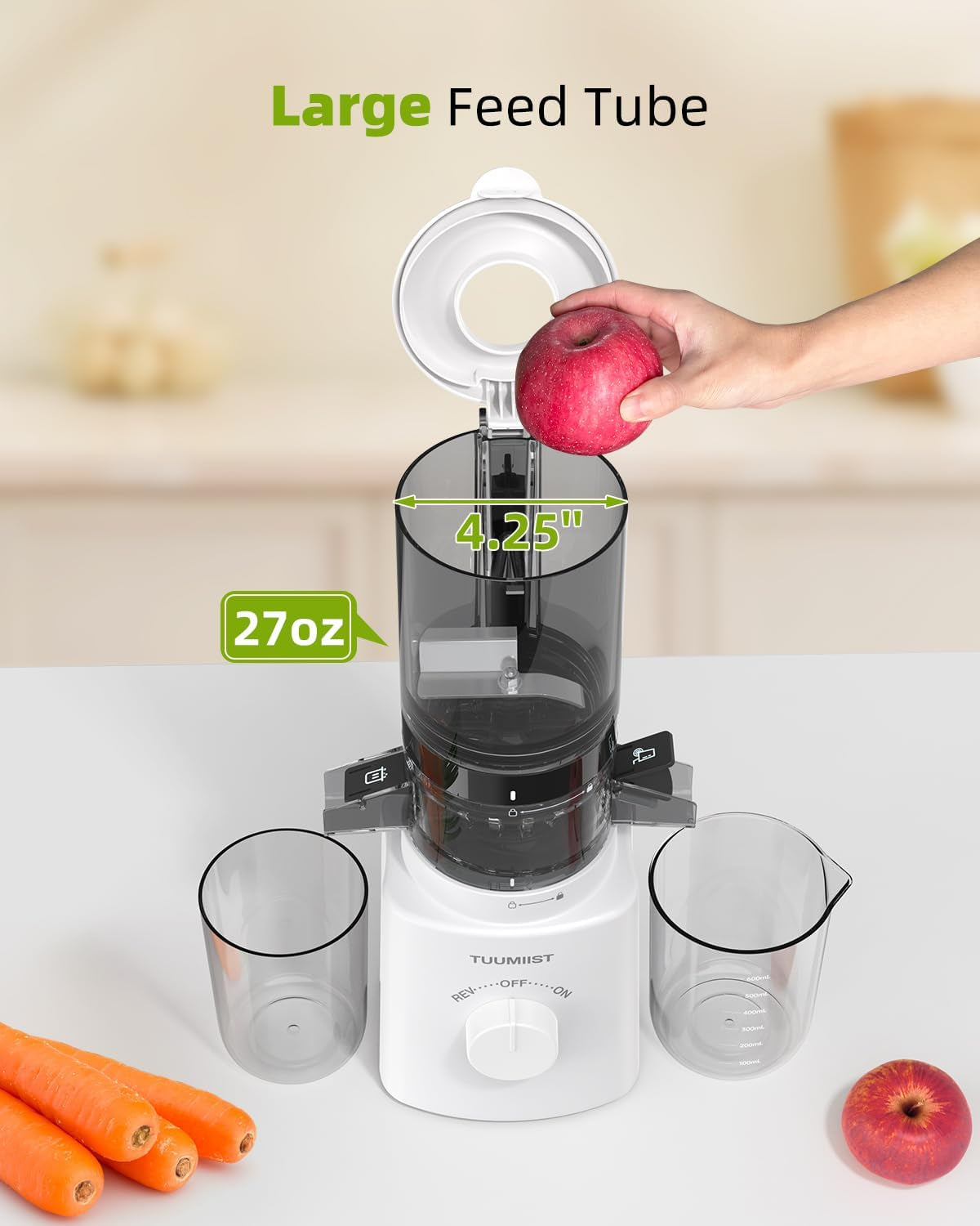 Juicer Machines, TUUMIIST Cold Press Juicer with 4.25'' Large Feed Chute Fit Whole Vegetable and Fruit, Masticating Juicer Easy to Clean, BPA Free (White)