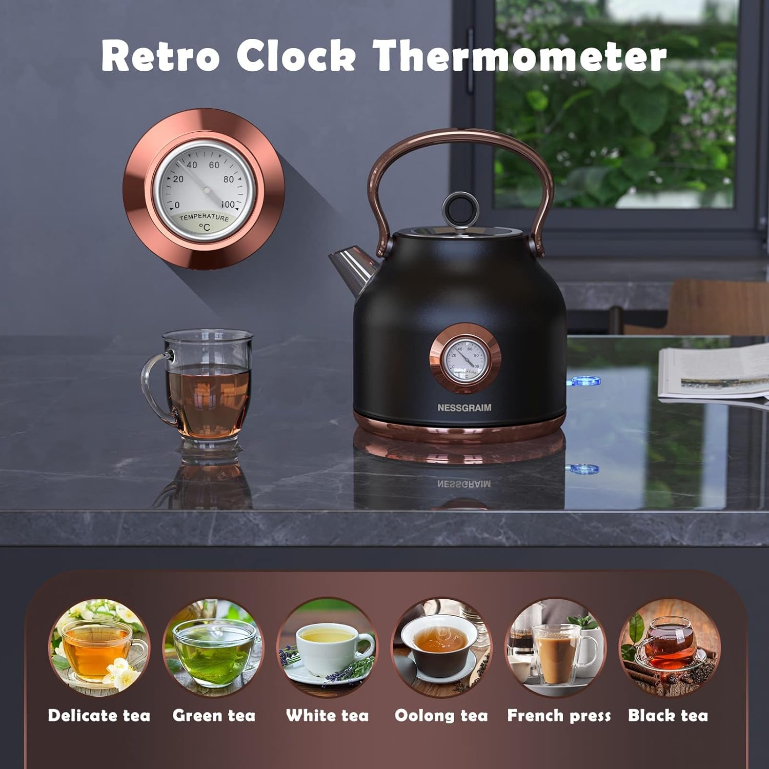 Retro Electric Kettle, 1.7L Stainless Steel Tea Kettle with Large Temperature Gauge, 1500W Fast Heating Hot Water Boiler with LED Indicator, Auto Shut-Off & Boil-Dry Protection-Reteo Black