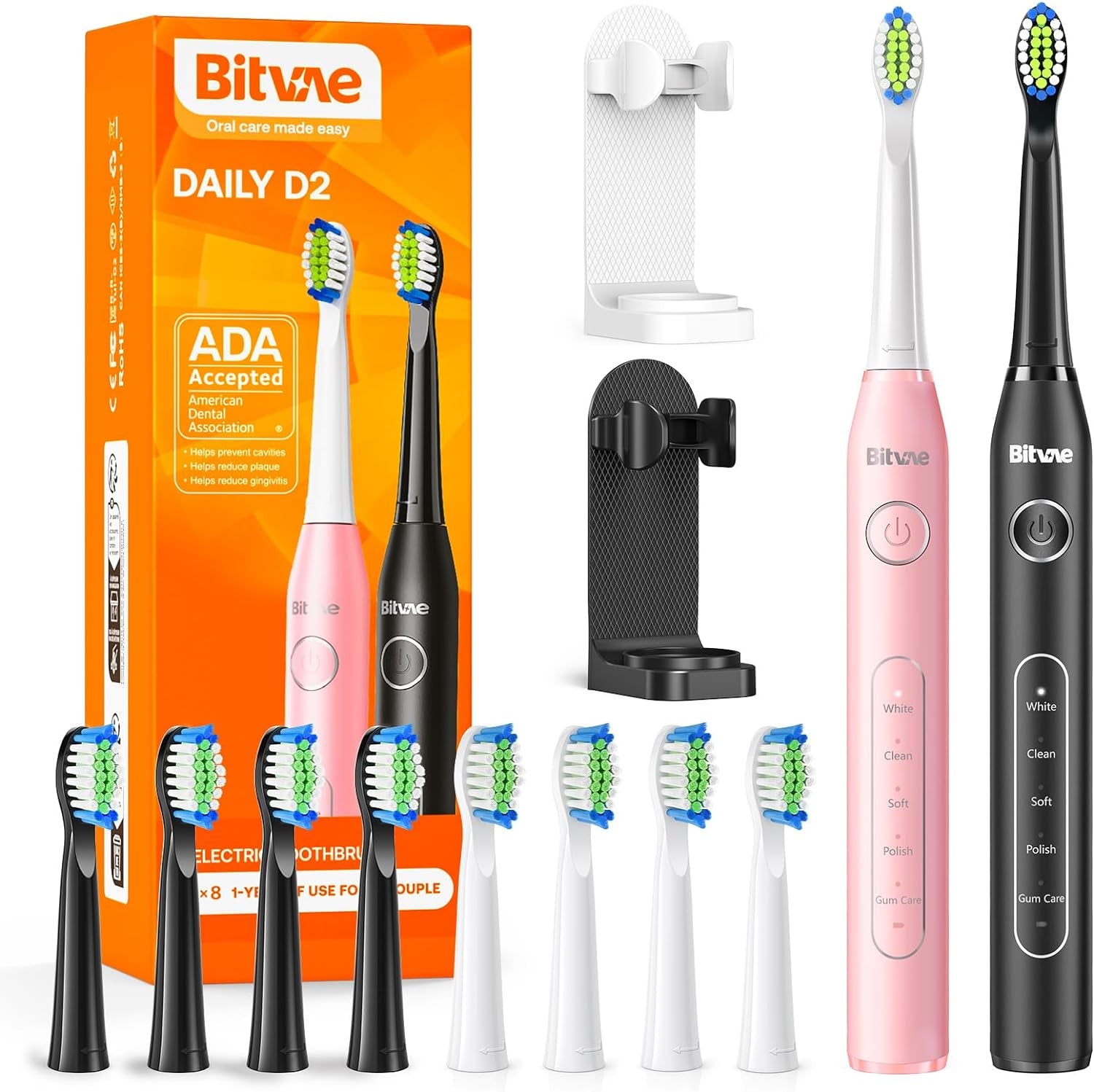 Bitvae Electric Toothbrushes 2 Pack 8 Brush Heads 5 Modes Rechargeable Power Black & Pink