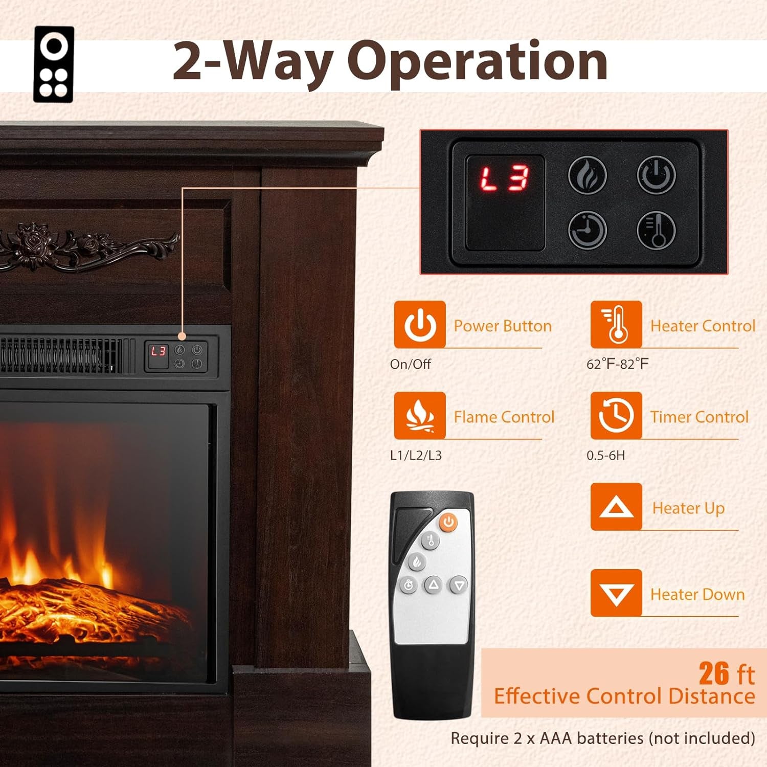 SIMOE Electric Fireplace with Mantel with Remote Control & Overheat Protection Brown