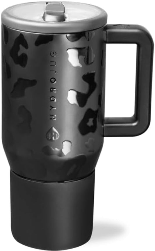 Hydrojug Traveler - 20 Oz Water Bottle with Handle & Flip Straw - Fits in Cup Holder, Leak Resistant Tumbler-Reusable Insulated Stainless Steel & Rubber Base - Gifts for Women & Men, Black Leopard