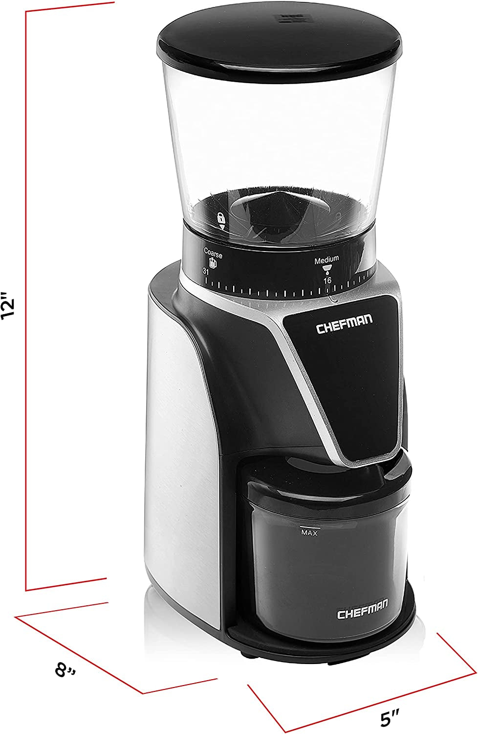 Chefman Conical Burr Coffee Grinder, Create the Boldest & Most Flavorful Grind with 31 Settings from Coarse to Extra Fine, One-Touch Digital Control & 9.7-Oz Bean Capacity, Black