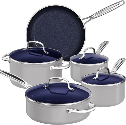 Nuwave 9Pc Cookware Set Healthy Duralon Blue Ceramic Nonstick Coated, Diamond Infused Scratch-Resistant, PFAS Free, Oven Safe, Induction Ready & Evenly Heats, Tempered Glass Lids & Stay-Cool Handle