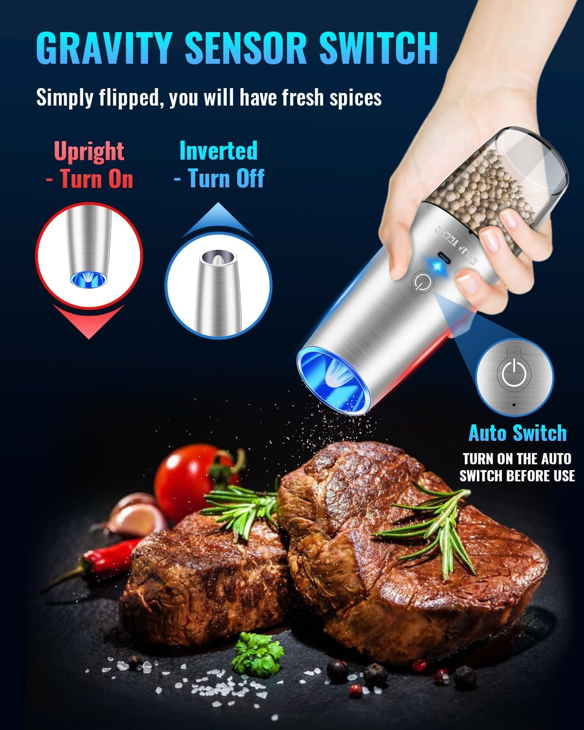 Sweet Alice Rechargeable Electric Pepper and Salt Grinder Set, No Battery Needed, Whit Gravity Sensing Switch and LED Light, One Hand Automatic Operation, Sliver 2 Pack