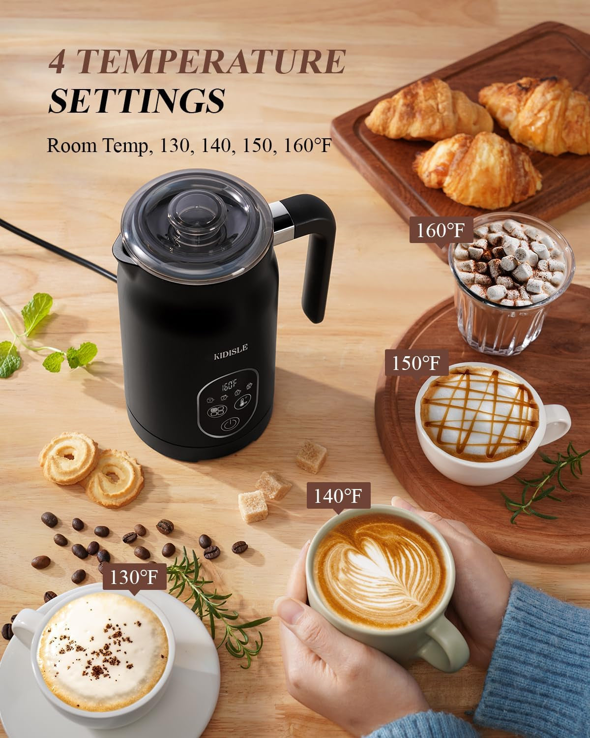 Electric Milk Frother, 4 in 1 Milk Frother and Steamer with Temperature Control, Automatic Warm and Cold Foam Maker for Coffee, Latte, Hot Chocolate, Cappuccinos, Macchiato, Black