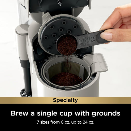 Ninja Pod & Grounds Specialty Single-Serve Coffee Maker, K-Cup Pod Compatible, Brews Grounds, Compact Design, Built-In Milk Frother, 56-Oz. Reservoir, 6-Oz. Cup to 24-Oz. Mug Sizes, Stone, PB051ST