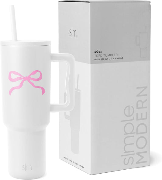 Simple Modern 40 Oz Tumbler with Handle and Straw Lid | Insulated Reusable Stainless Steel Water Bottle Travel Mug Cupholder Friendly | Gift for Women Men | Trek Collection | Pink Bow