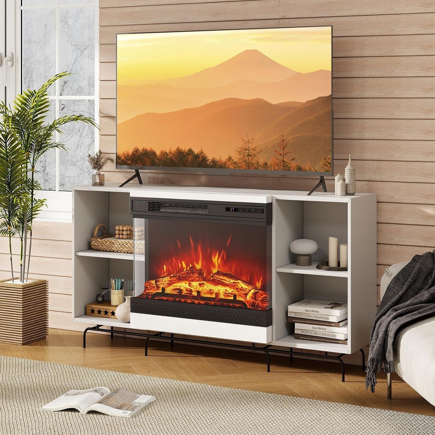 SIMOE Glass Electric Fireplace Heater With Remote & Adjustable Flame Colors and Overheat Protection