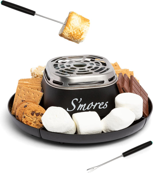 Nostalgia Tabletop Indoor Electric S'Mores Maker - Smores Kit with Marshmallow Roasting Sticks and 4 Trays for Graham Crackers, Chocolate, and Marshmallows - Movie Night Supplies - Black