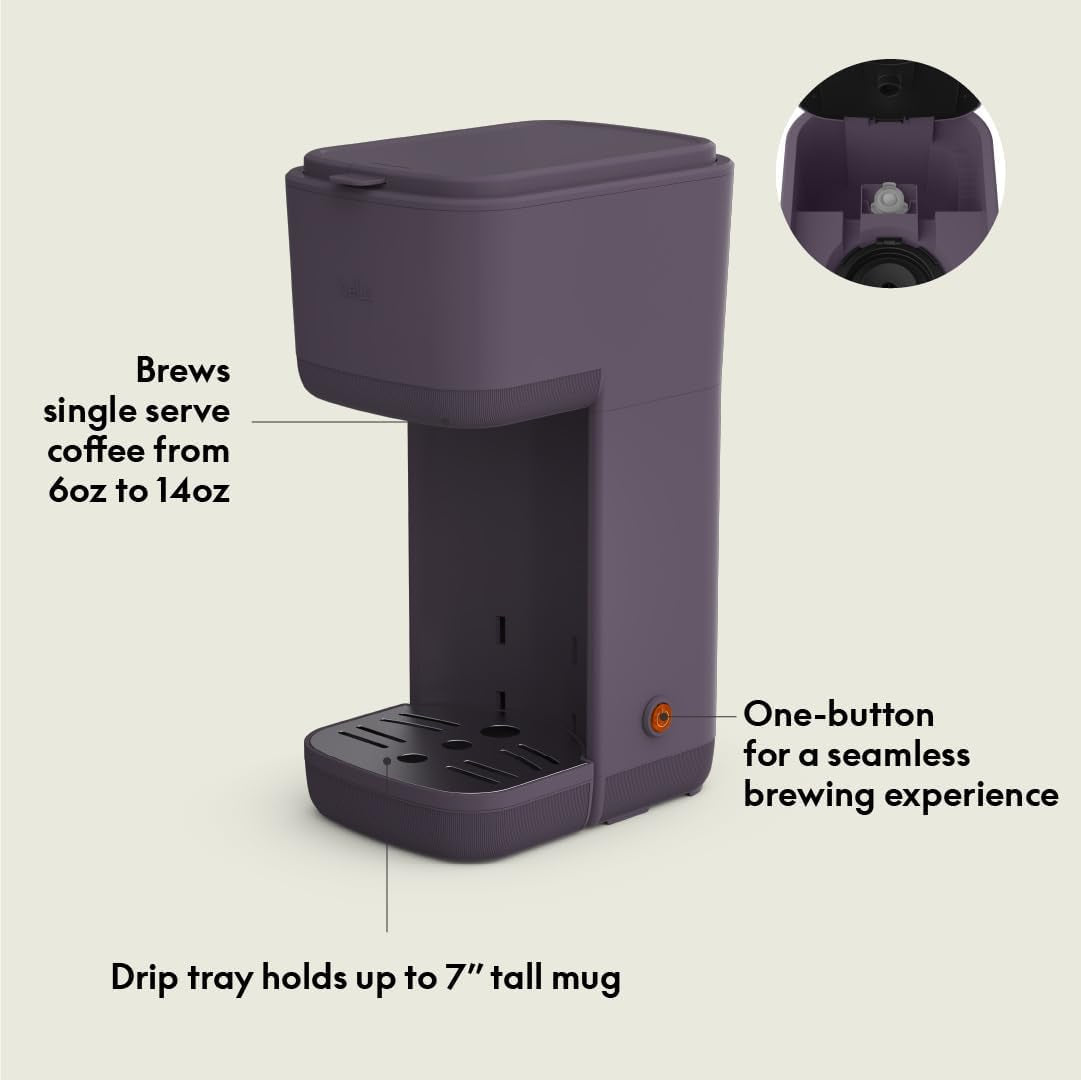 BELLA Single Serve Coffee Maker, K Cup & Coffee Ground Compatible with Removable, Adjustable Drip Tray, Auto Shutoff & Reusable Dishwasher Safe Accessories, Brews 6Oz to 14Oz, 1000 Watt, Plum