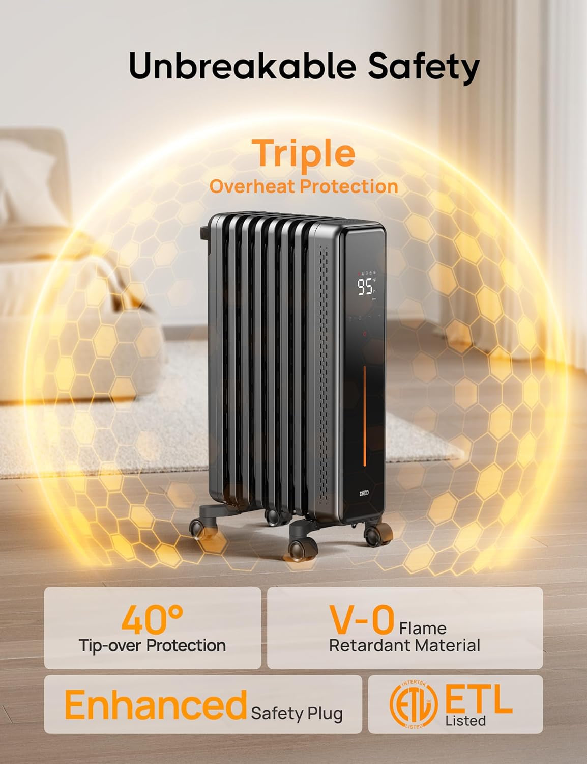 Dreo Radiator Heater, 7 Safety Protection Oil Filled Radiator Heater for Indoor Use, 1500W Electric Heaters for Large Room, 8 Fins, with Remote, 4 Modes, Digital Thermostat, 24H Timer, Quiet