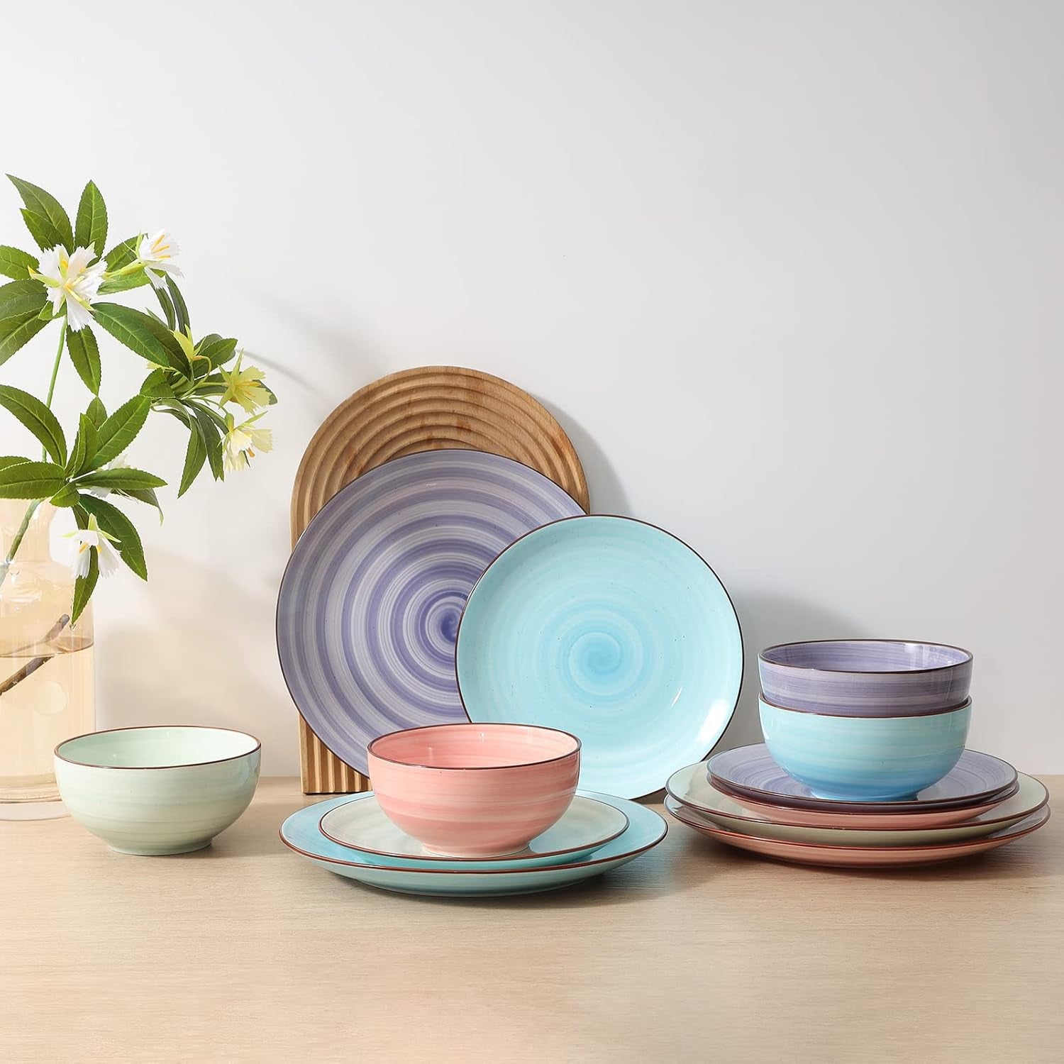 Selamica Ceramic 12-Pieces Dinnerware Sets, Kitchen Ceramic Plates and Bowls Sets, Dishes Set Service for 4, Dinner Salad Dessert Plates and Cereal Bowls Set, Gradient Color