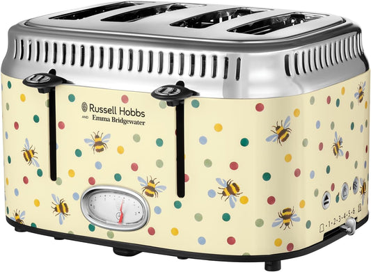 Emma Bridgewater Bumble Bee & Polka Dot 4 Slice Toaster (Countdown Gauge Shows Time Remaining, Independent & Wide Slots, Lift & Look Feature, 6 Browning Settings, 2400W, Cream) 27250