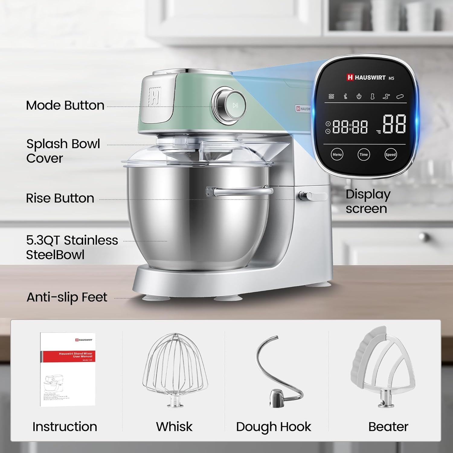 Hauswirt High-End Smart Stand Mixer M5, LED Touchscreen Mixers Kitchen Electric Stand Mixer, 5 Preset Menus, 5.3Qt Dough Mixer, 11Speeds Kitchen Mixer with Egg Whisk, Dough Hook, Beater, Lake Green