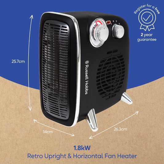 Russell Hobbs Retro Electric Heater 2 Heat Settings 1800W Black