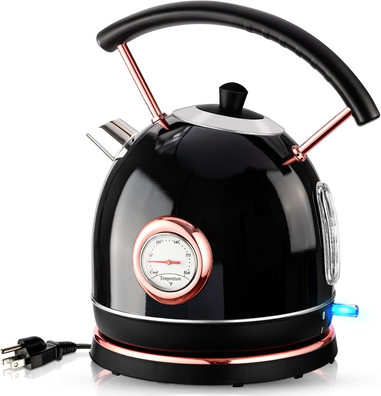 Retro Electric Kettle 1.7L, Stainless Steel Portable Fast Boiling, Cordless with LED Light, Unique Appearance with Temperature Gauge, Auto Shut-Off&Boil-Dry Protection (Black)