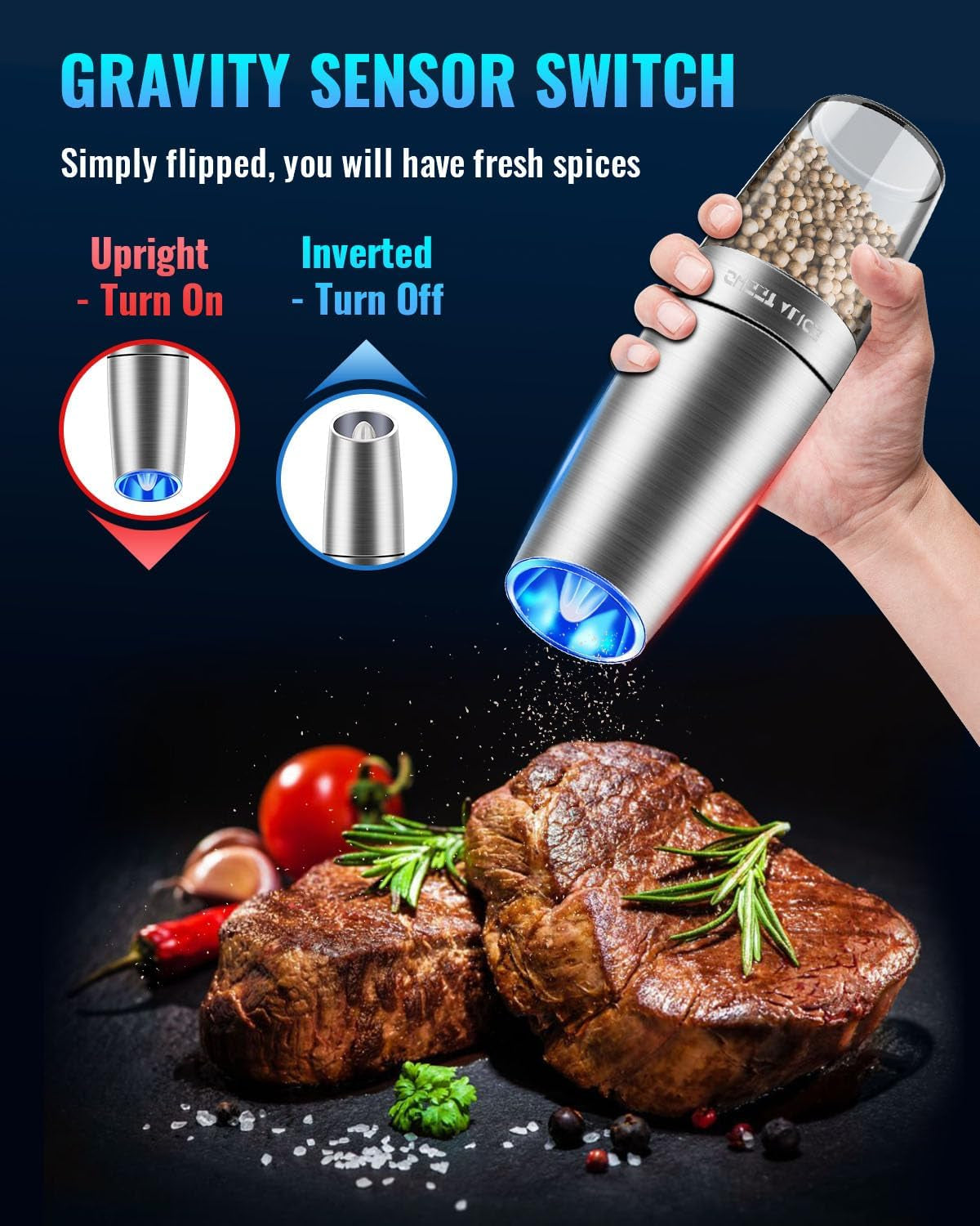 Gravity Electric Pepper and Salt Grinder Set, Salt and Pepper Mill & Adjustable Coarseness, Battery Powered with LED Light, One Hand Automatic Operation, Stainless Steel (Set/Silver)