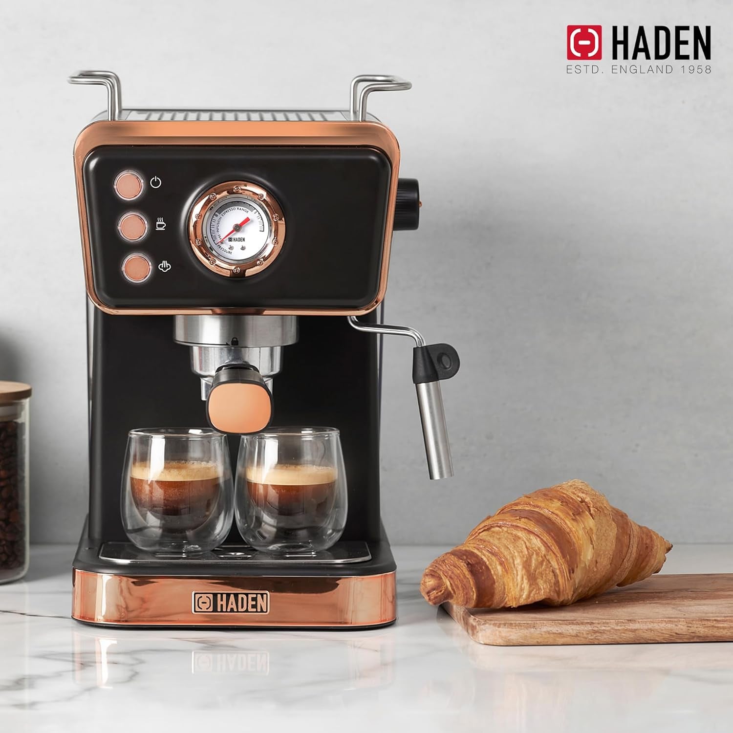 HADEN Barista Brew Espresso Coffee Machine Stainless Steel with Milk Frother and Steamer Function and 1.5L Water Tank Black & Copper