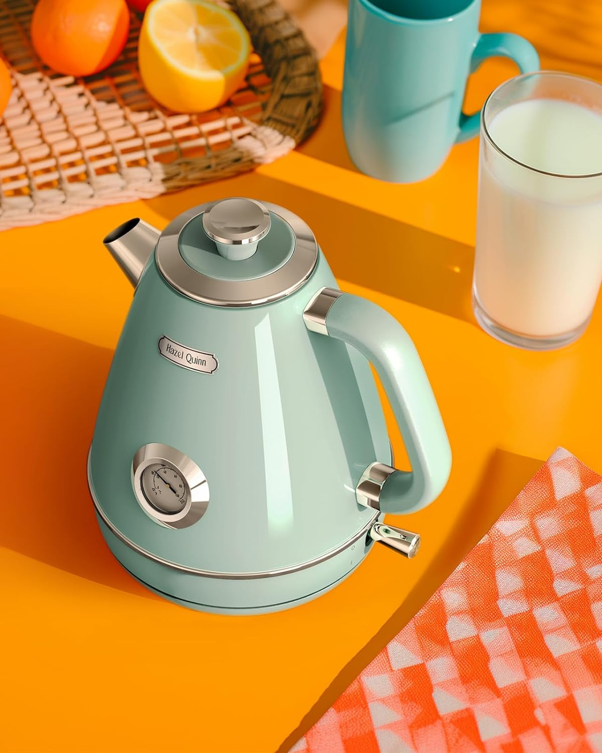 Hazel Quinn Retro Electric Kettle - 1.7 Liters / 57.5 Ounces Tea Kettle with Thermometer, All Stainless Steel, 1200 Watts Fast Boiling, Bpa-Free, Cordless, Automatic Shut off - Mint Green