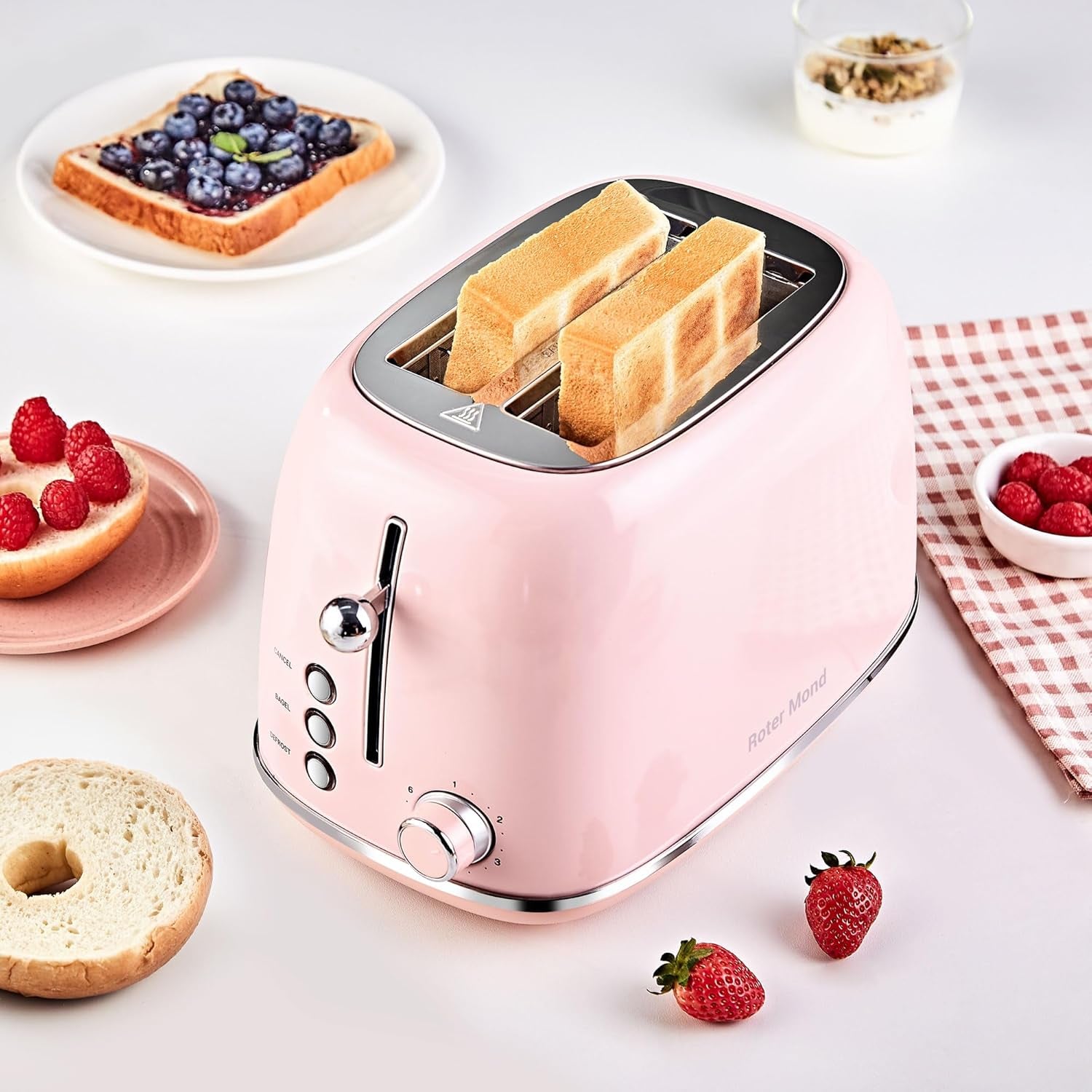 Roter Mond Retro Stainless Steel 2 Slice Toaster 6 Bread Shade Settings Pink