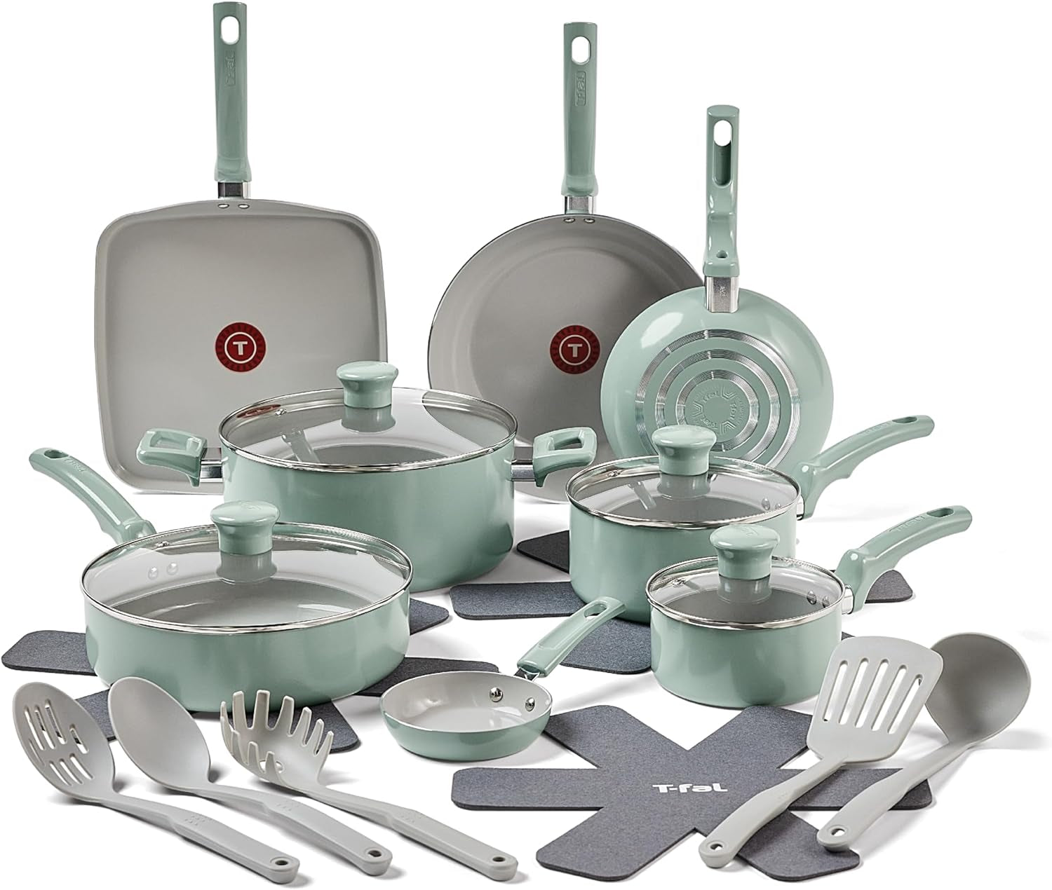 T-Fal Refresh Ceramic, Ceramic Non Stick Cookware Set 20 Piece, Oven Broiler Safe 350F, Kitchen Set W/Egg Pan, Fry Pans, Saucepans, Griddle, Sautepan, Dutch Oven & Utensils, Pots, Pans, Mint Green