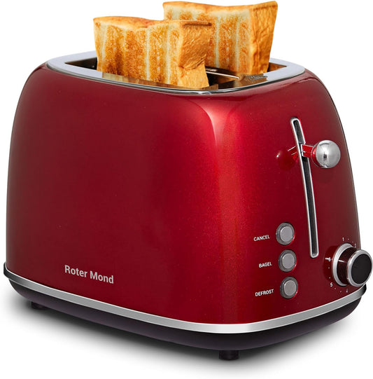 2 Slice Toaster Roter Mond Retro Stainless Steel Toaster with Bagel, Cancel, Defrost Function and 6 Bread Shade Settings Bread Toaster, Extra Wide Slot and Removable Crumb Tray, Red