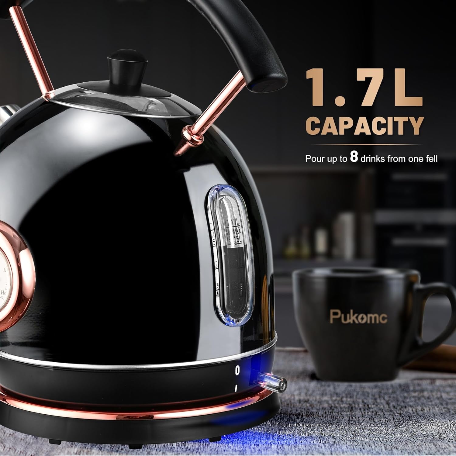 Retro Electric Kettle 1.7L, Stainless Steel Portable Fast Boiling, Cordless with LED Light, Unique Appearance with Temperature Gauge, Auto Shut-Off&Boil-Dry Protection (Black)