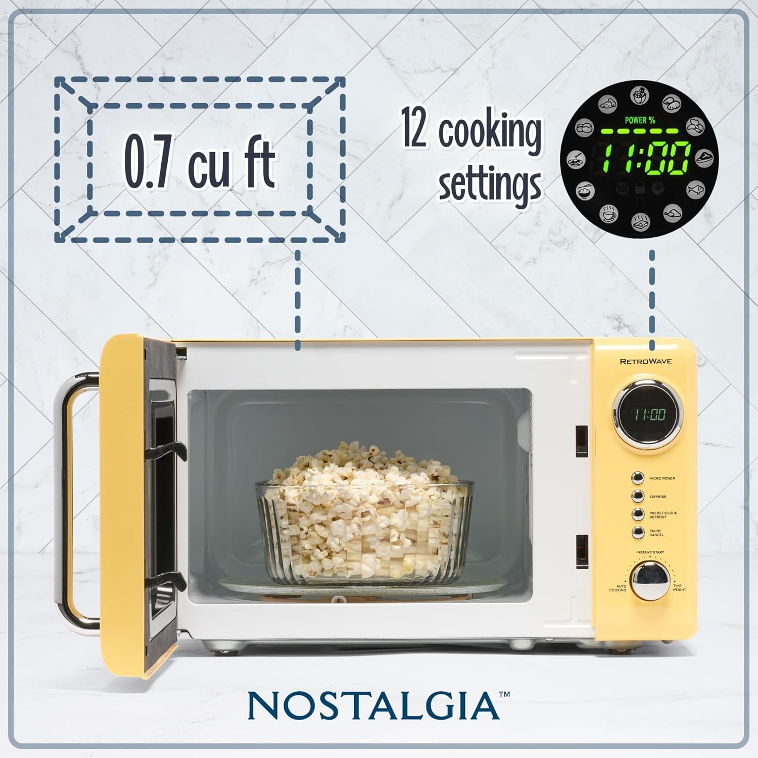 Nostalgia NRMO7YW6A Retro Compact Countertop Microwave Oven, 0.7 Cu. Ft. 700-Watts with LED Digital Display, Child Lock, Easy Clean Interior, Yellow