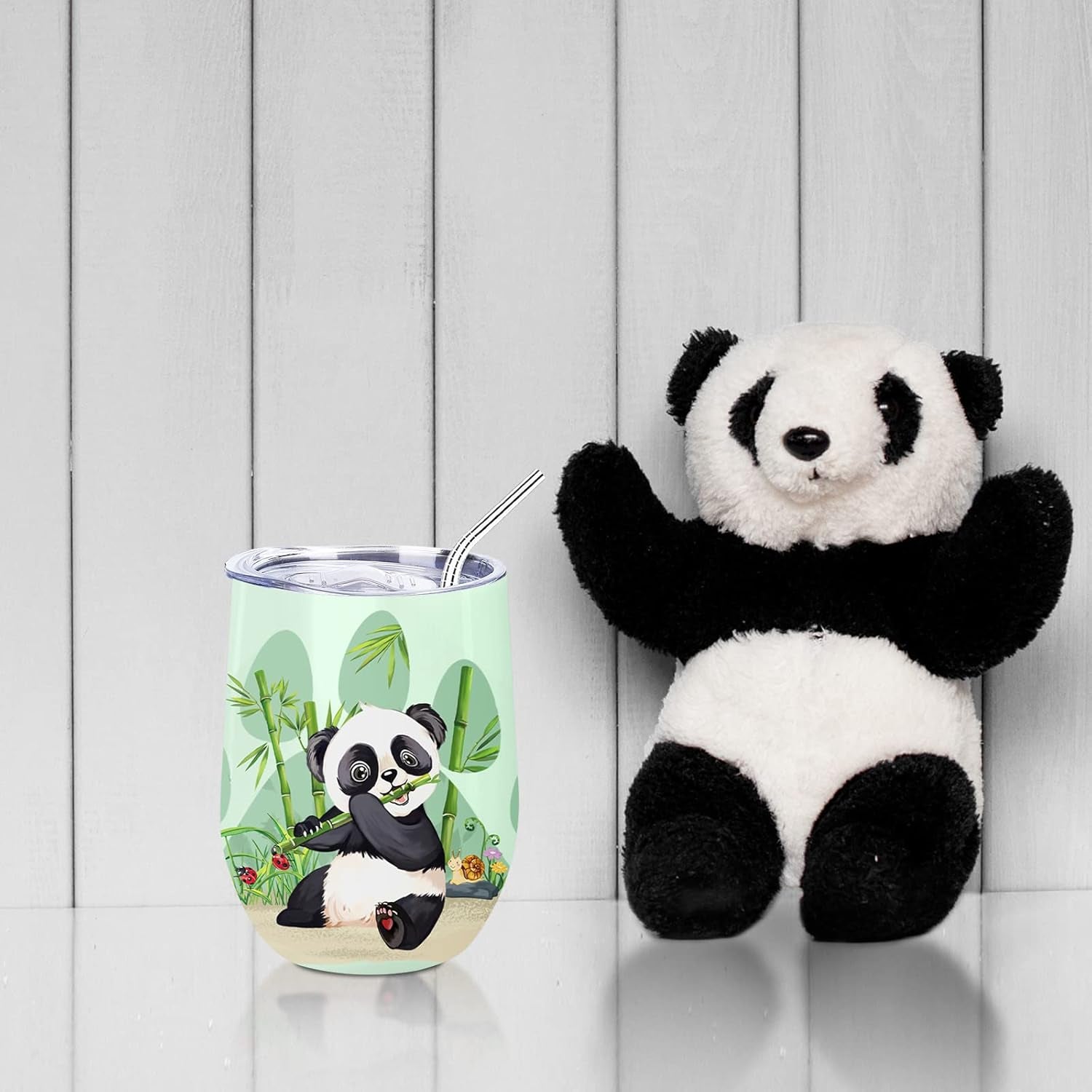 Nymphfable Coffee Mug with Lid and Straw Stainless Steel Panda 