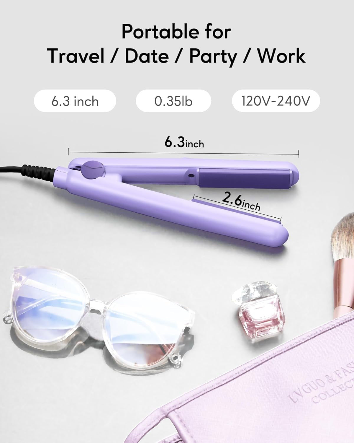 Wavytalk Ceramic Mini Hair Straightener - Curls Bangs - Dual Voltage Purple