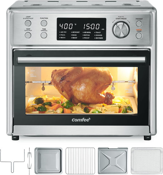 COMFEE' Toaster Oven Air Fryer Combo, 12-In-1 Air Fryer Oven with Rotisserie, 6 Slice Toast 12' Pizza, Double Layer, Countertop Convection, 25L/26.4QT, Precise Temp Control, 6 Accessories