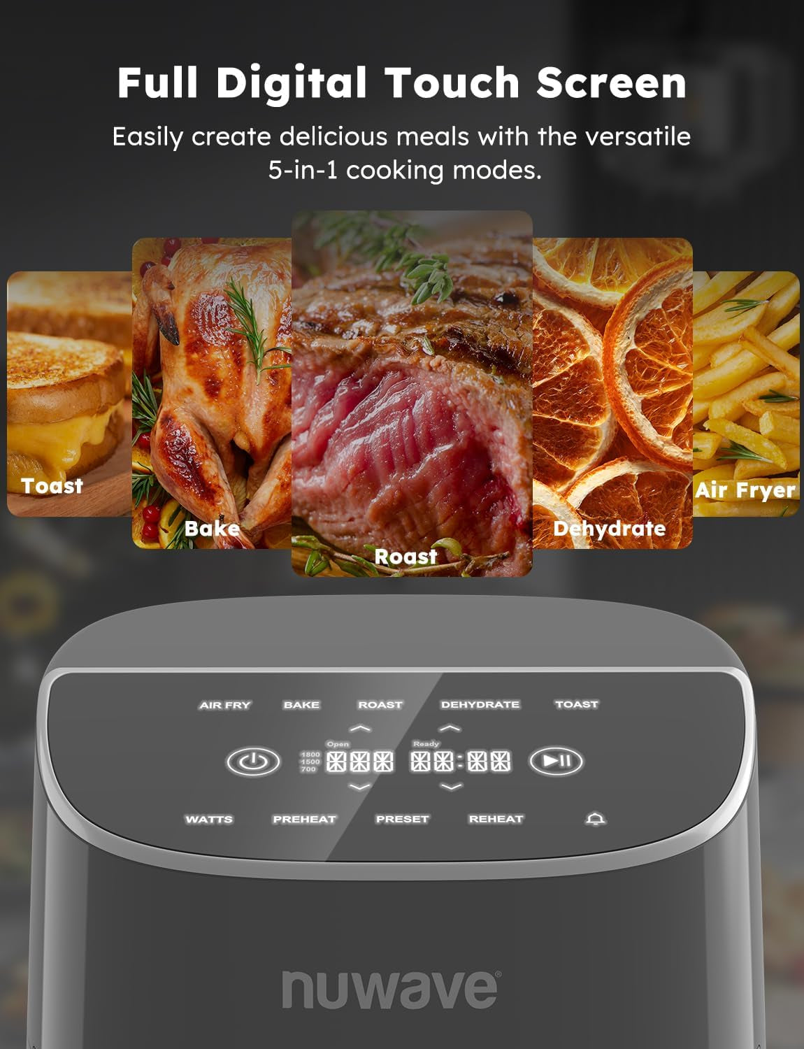 Nuwave Brio plus 8 Qt Air Fryer, PFAS Free, New & Improved, Digital Touch Screen, Cool White Display, 50°F~400°F in Precise 5°, 5 Cook Functions, 100 Presets & 50 Memory, 3 Wattages 700, 1500, 1800