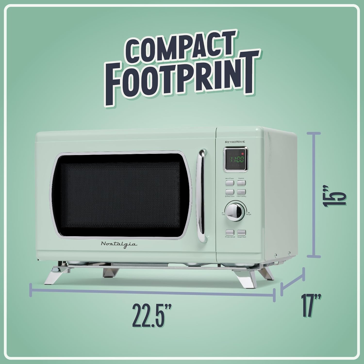 Nostalgia Mid-Century Retro Countertop Microwave Oven - Large 900-Watt - 0.9 Cu Ft - 8 Pre-Programmed Cooking Settings - Digital Clock - Kitchen Appliances - Seafoam Green