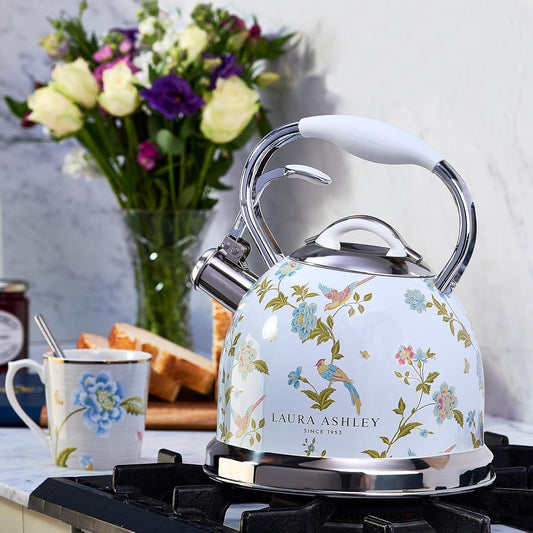 VQ Laura Ashley Elveden White 3L Stainless Steel Tea Kettle Stovetop Whistling Teapot for Induction, Gas Hob or Others. Silicon Coated Cool Handle & Push Button Mechanism Vintage Stove Top Kettle