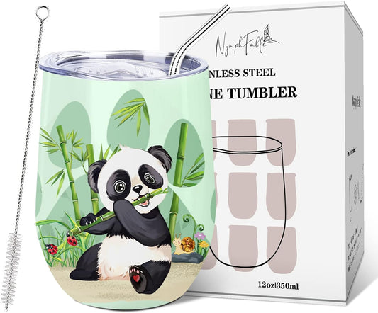 Nymphfable Coffee Mug with Lid and Straw Stainless Steel Panda 