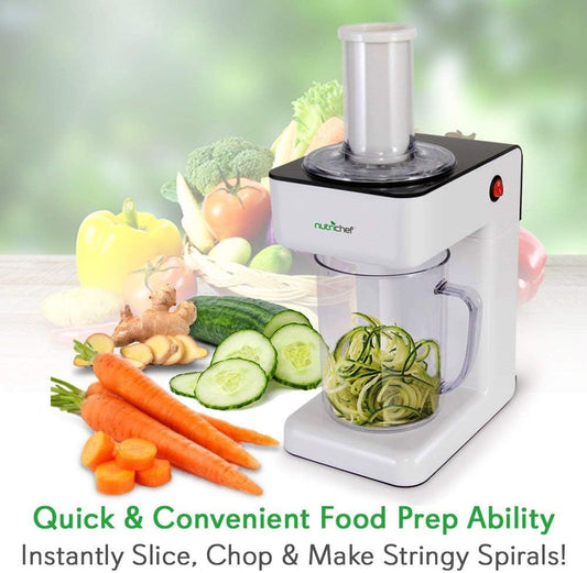 Nutrichef Electric Food Chopper | Zoodle Maker | 3-In-1 Vegetable Processor, Fruit Cutter, Spiral Shredder Machine, Veggie Spaghetti & Noodle Maker | Includes Food Plunger & 1.2L Bowl