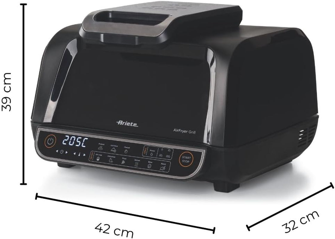 Ariete 4635 Air Fryer Grill, Friggitrice Ad Aria E Griglia, Bistecchiera,1700W, Capacità 8L, Friggi E Griglia, 8 Funzioni Di Cottura, Timer, Nero