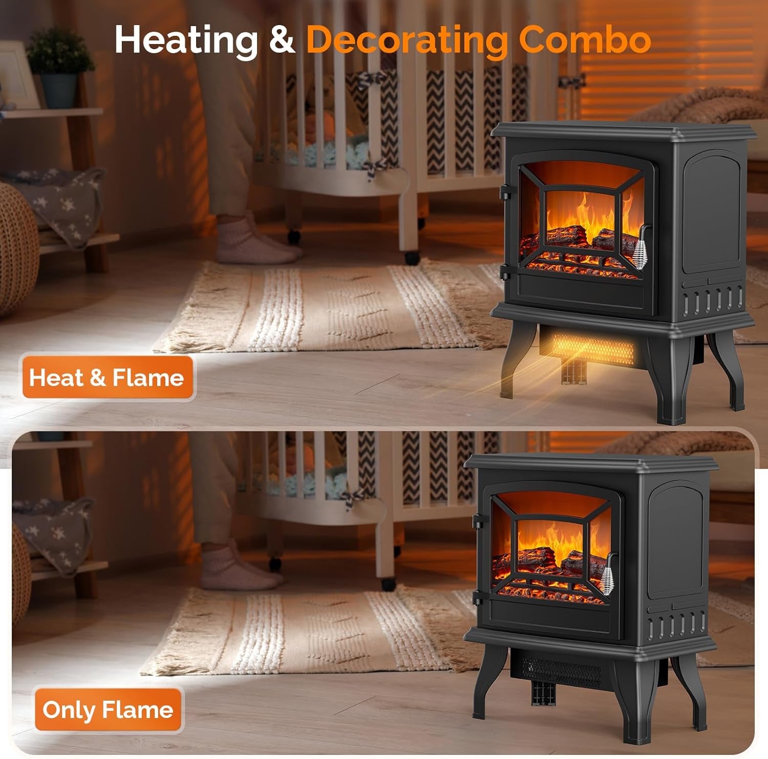 ROVSUN 20" H Electric Fireplace Stove Space Heater, 1400W Portable Freestanding with Thermostat, Realistic Flame Logs, Overheat & Tip-Over Protections for Bedroom Living Room, CSA Approved