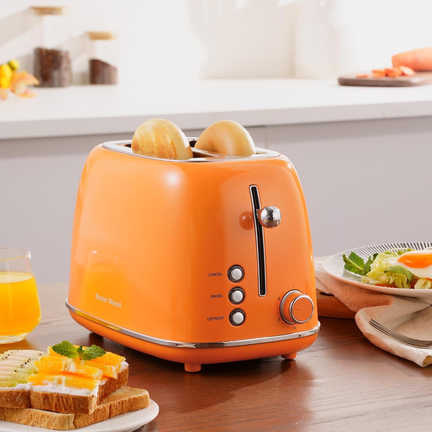 Roter Mond Retro Stainless Steel 2 Slice Toaster 6 Bread Shade Settings Orange