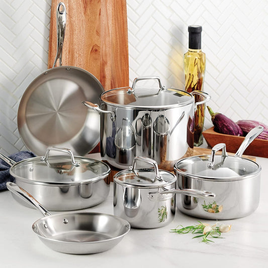 Tramontina Tri-Ply Clad Stainless Steel 10-Piece Cookware Set with Glass Lids, Pots and Pans Kitchen Set, Induction-Ready, Dishwasher-Safe, Nsf-Certified, Made in Brazil