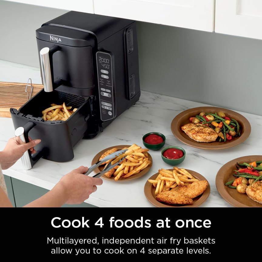 Ninja Doublestack 2-Basket Air Fryer, Doublestack Technology Cooks 4 Foods at Once, Space Saving Design, 8 QT, 6-In-1, Smart Finish & Match Cook, Air Fry, Broil, Bake, Easy Meals & Clean, Black, SL201