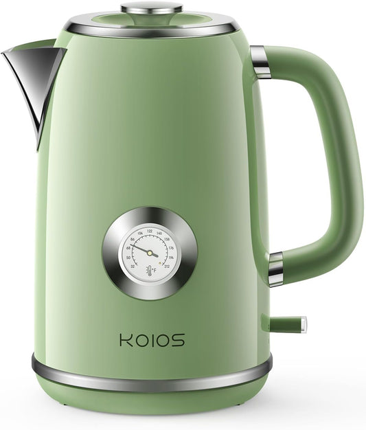 Electric Kettle, 1.8 L Hot Water Boiler Heater with Thermometer, 1500W Retro Electric Tea and Water Kettle with LED Indicator, 100% Stainless Steel, Auto Shut-Off & Boil-Dry Protection, Retro Green