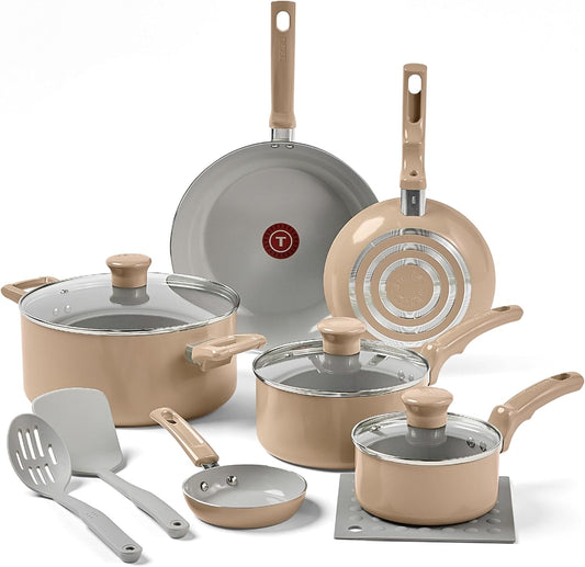 T-Fal Refresh Ceramic, Ceramic Non Stick Cookware Set 12 Piece, Oven Broiler Safe 350F, Kitchen Cooking Set W/Egg Pan, Fry Pans, Saucepans, Dutch Oven & Kitchen Utensils, Pots and Pans Set, Sand Dune