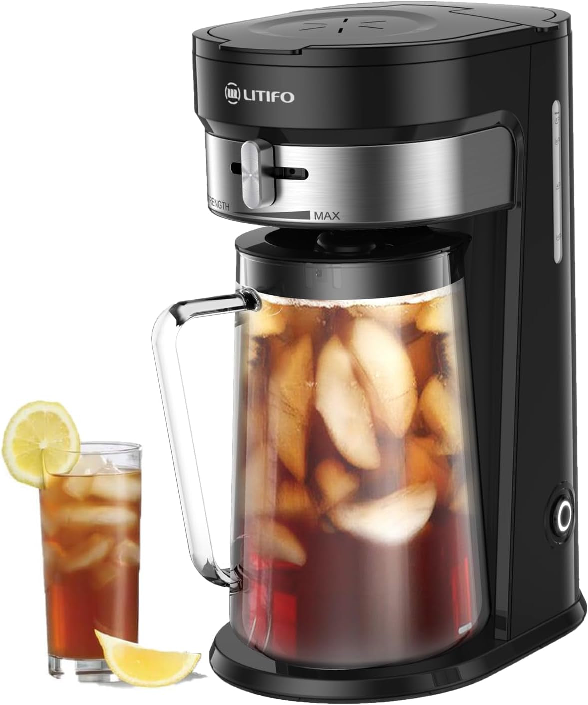 LITIFO Iced Tea Maker and Iced Coffee Maker Brewing System with 2.5-Quart Pitcher, Sliding Strength Selector for Taste Customization, Stainless Steel (Black 2.0)