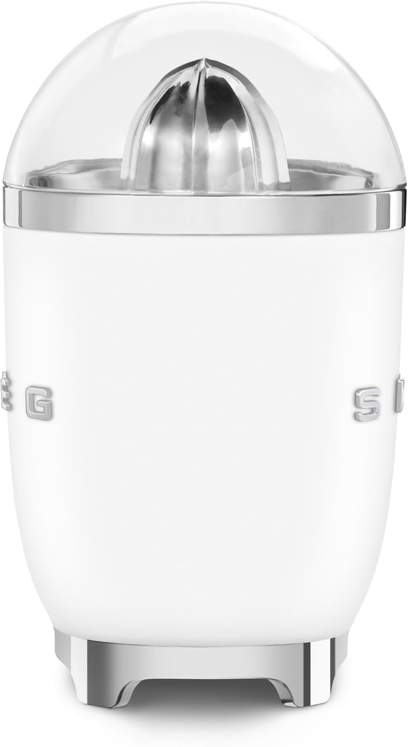 SMEG 50'S Retro Style Citrus Juicer with Drip Free Spout, Automatic Activation, and Efficient Straining, White CJF11WHUS