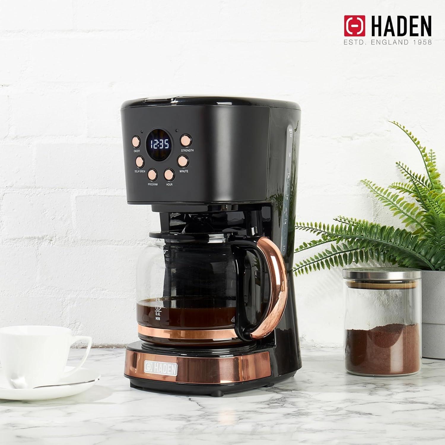 Haden Coffee Machine, 12 Cup Programmable Drip Coffee Maker with Auto Shut-Off Function and Reusable Washable Water Filter, Black & Copper