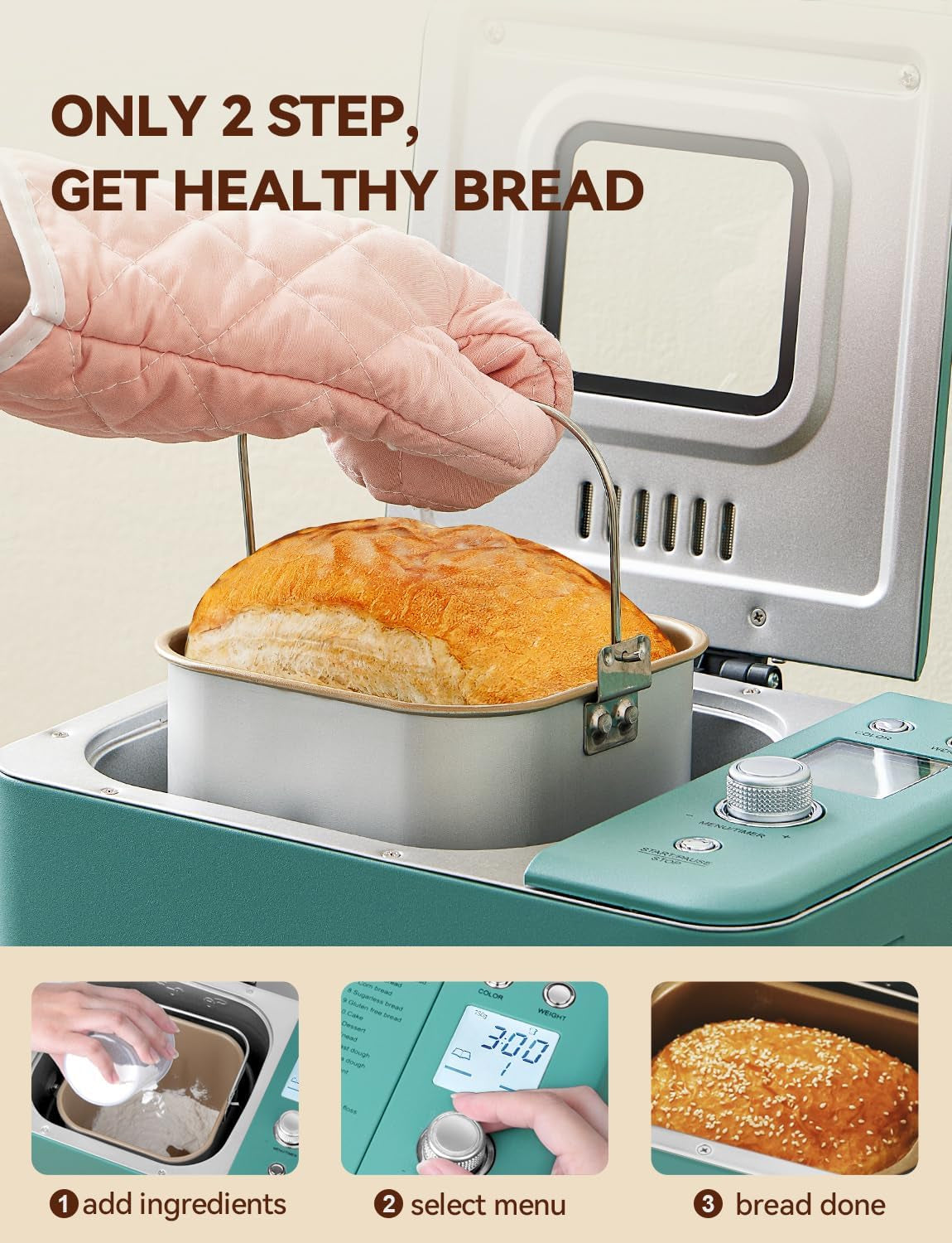 Neretva 20-IN-1 Bread Maker, Dual Heater 2LB Bread Machine Metal Material & Nonstick Ceramic Pan Compact Bread Maker Machines with Gluten Free White Wheat Rye French Pizza Breadmaker Recipe- Green