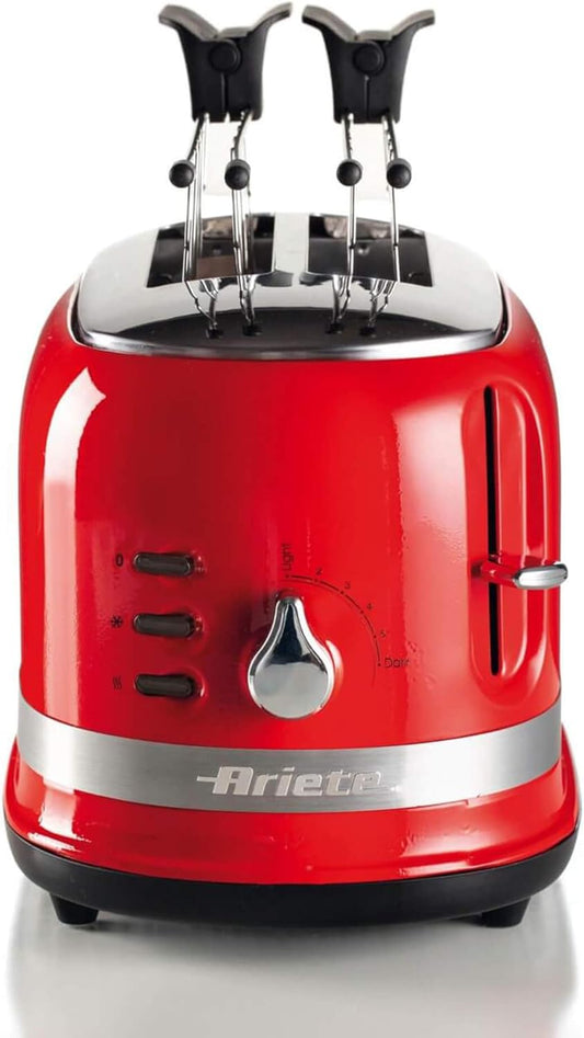 Ariete 149 Tostapane Con Pinze per 2 Fette Di Pane - Espulsione Automatica - Defrost - 6 Gradi Di Doratura - 800 Watt - Linea Moderna - Rosso